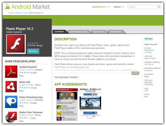 Adobe Flash 10.2 on Android Market