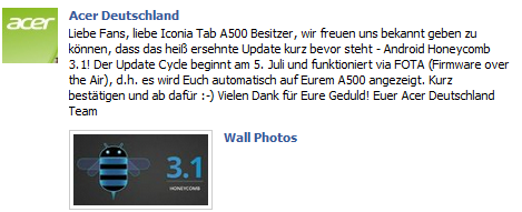 acer iconia a500 Androd 3.1 update from germany