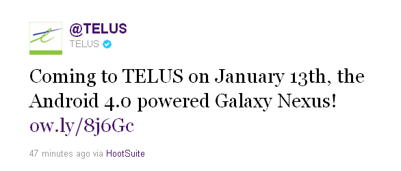 telus twitter update regarding the Galaxy Nexus release date