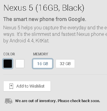 Black 16gb Nexus 5 sold out