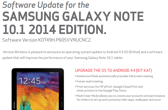 Verizon Galaxy Note 10.1 2014 OTA Android 4.4 KitKat update