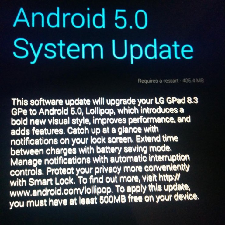 Android 5.0 Lollipop OTA update for the LG G Pad 8.3 GPe