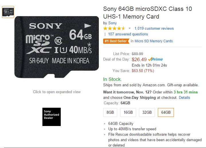 Sony class 10 UHS-1 64GB Micro SD card